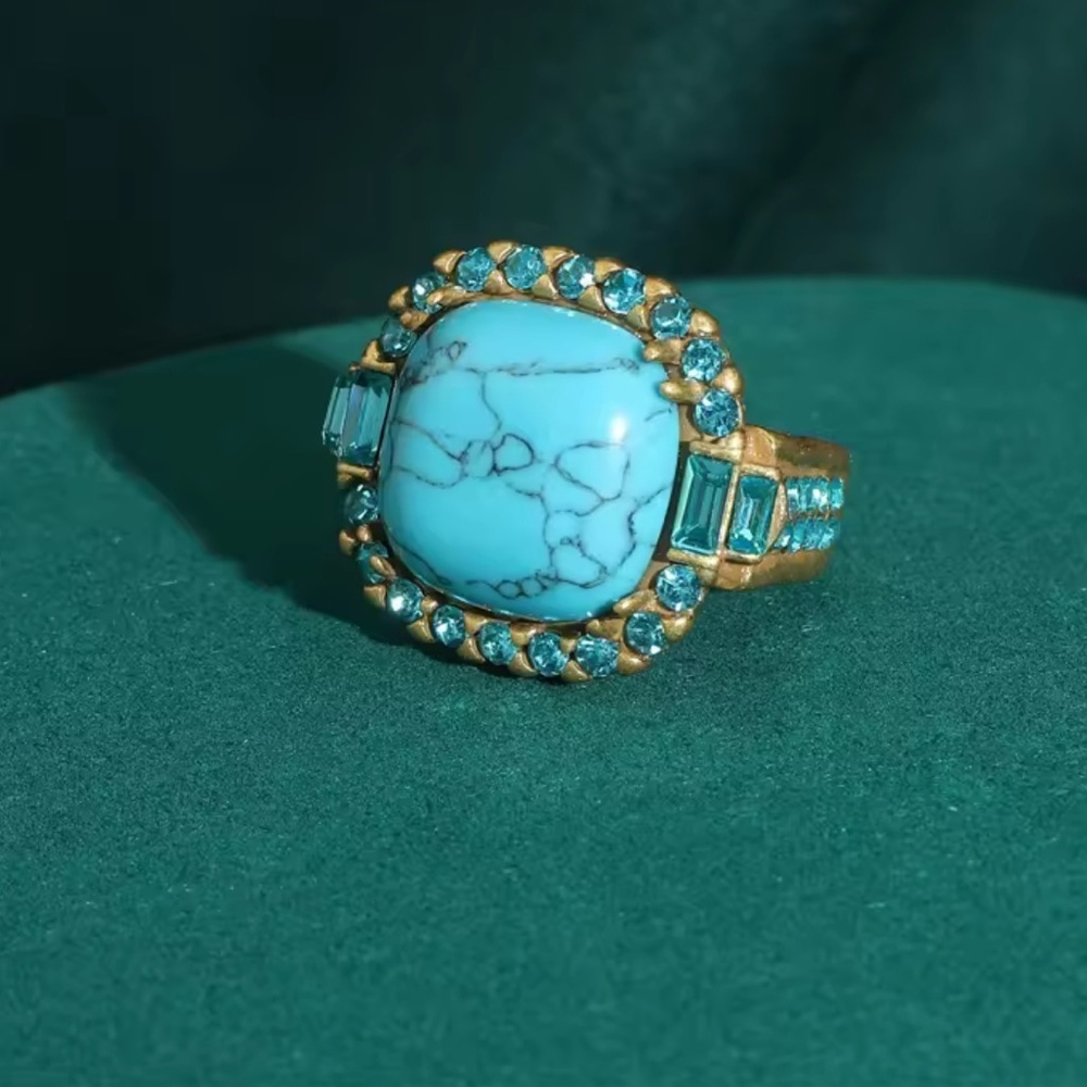 Royal Turquoise Cocktail Ring 18K Gold Diamond-Style Halo - Picture 3 of 5